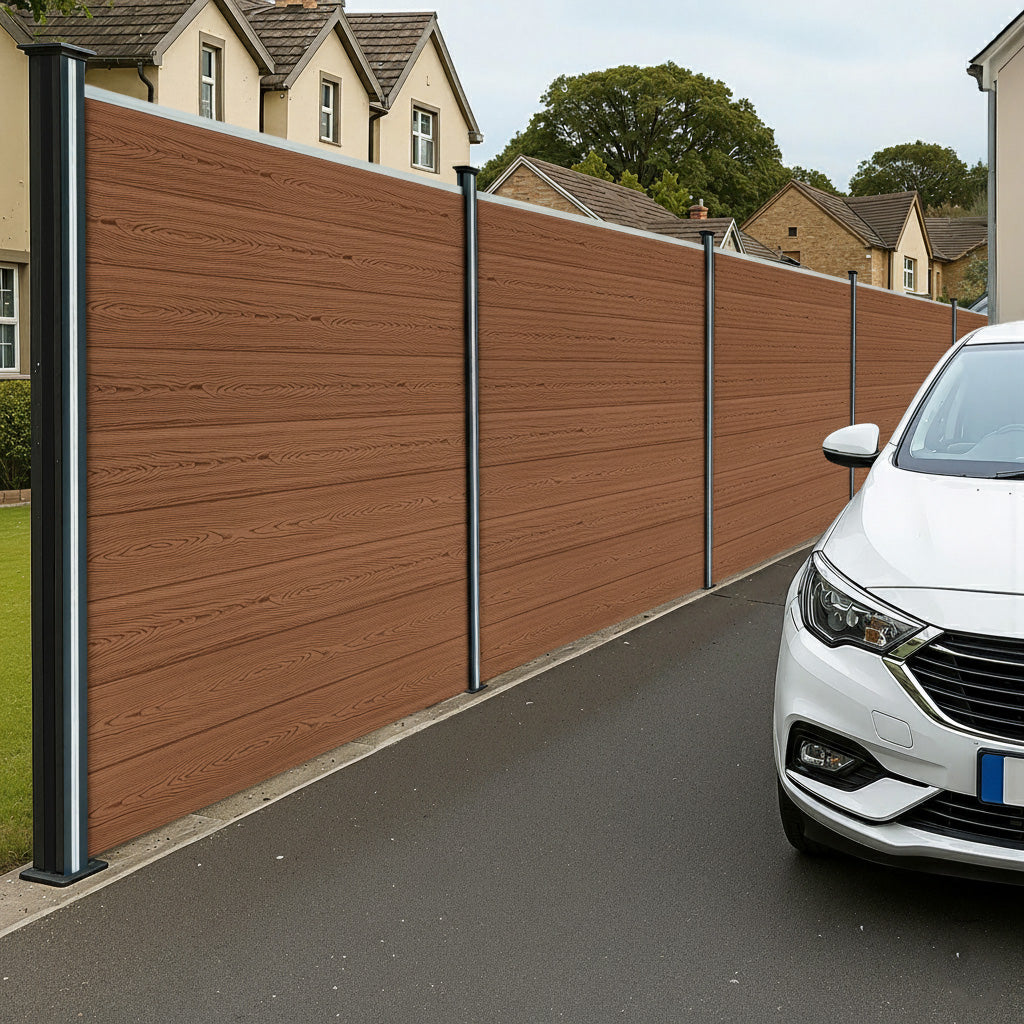 WPC Sichtschutzzaun x8, Eckstück x1 & LED Zaunpfosten x9 - Braun