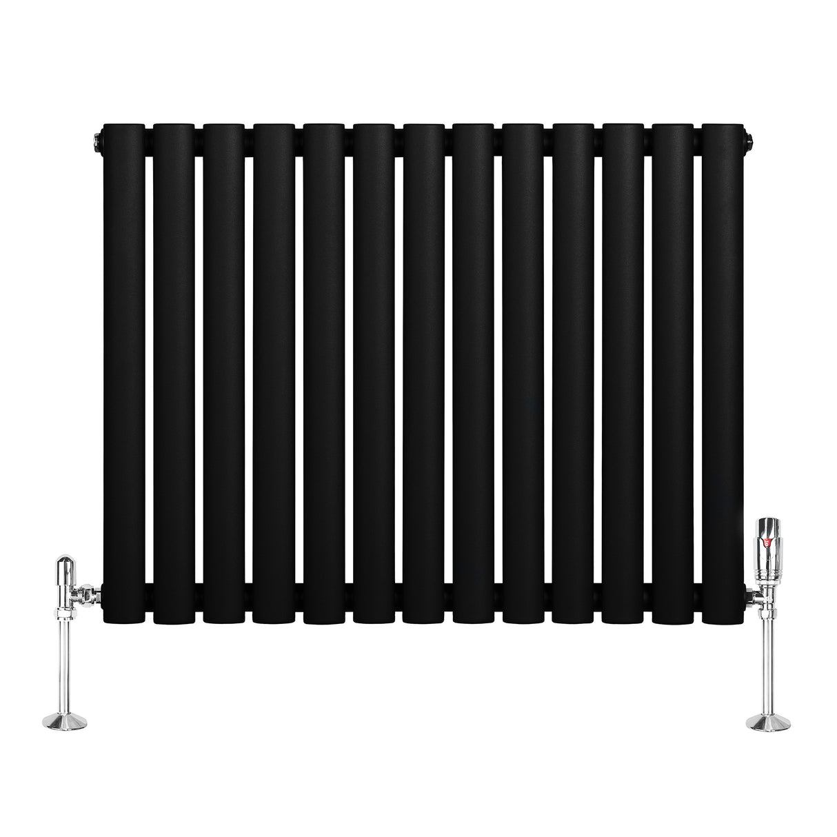 Schwarzer Gliederheizkörper mit TRV Chromventilen, 600mm x 780mm, aus robustem Material, mit glatter, mattschwarzer Oberfläche und glänzenden Ventilen