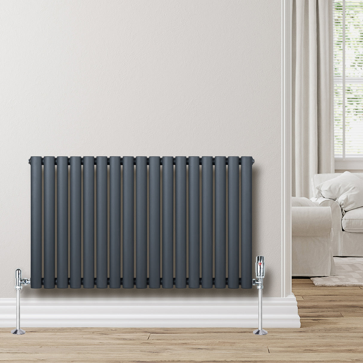 Gliederheizkörper in Anthrazitgrau mit TRV Chromventilen, 600mm x 1020mm, vertikale Lamellen, modernes Design, ideal für stilvolle Räume