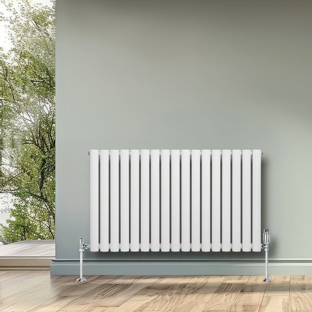 Gliederheizkörper in Weiß mit TRV Chromventilen, 600mm x 1020mm, elegant an einer hellen Wand, umgeben von natürlichem Licht und Holzfußboden