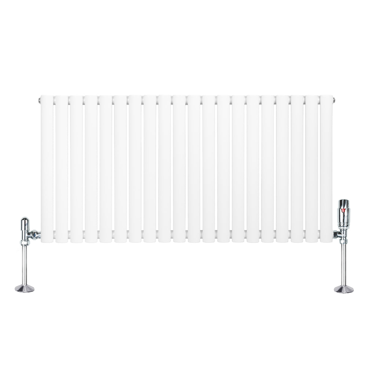 Weißer Gliederheizkörper mit TRV Chromventilen, 600mm x 1200mm, glänzende Oberfläche, schlanke, vertikale Lamellen und moderne, elegante Form