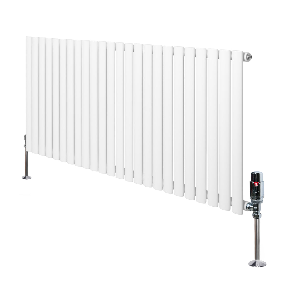 Gliederheizkörper in Weiß mit TRV Chromventilen, 600mm x 1440mm, schlankes Design und glatte, glänzende Oberfläche für moderne Innenräume