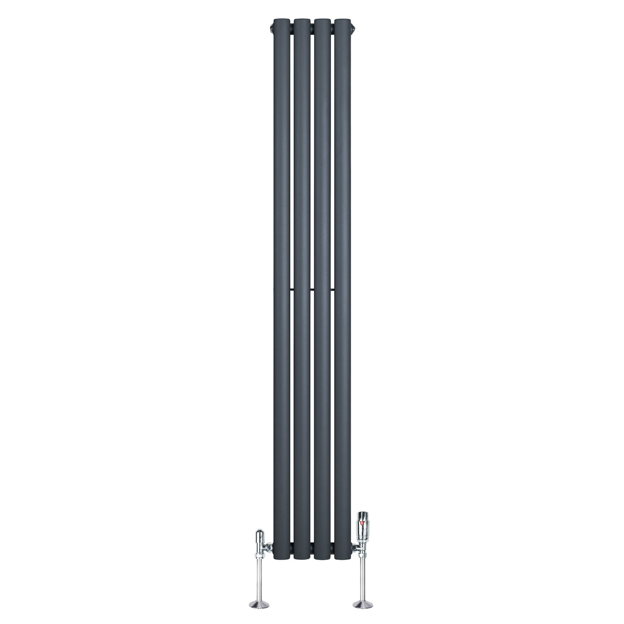 Eleganter anthrazitgrauer Gliederheizkörper mit TRV Chromventilen, schlankes Design, ideal für moderne Wohnräume, Maße 1600mm x 240mm