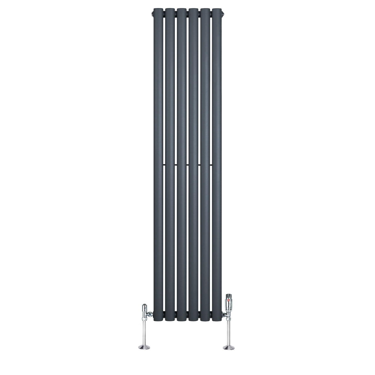 Gliederheizkörper in Anthrazitgrau mit TRV Chromventilen, schlankes Design, vertikale Lamellen, ideal für moderne Innenräume, Maße 1600mm x 360mm