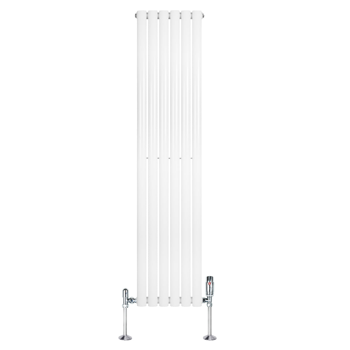 Hochformatierter, weißer Gliederheizkörper mit TRV Chromventilen, 1600mm x 360mm, glänzende Oberfläche und schlankes, modernes Design