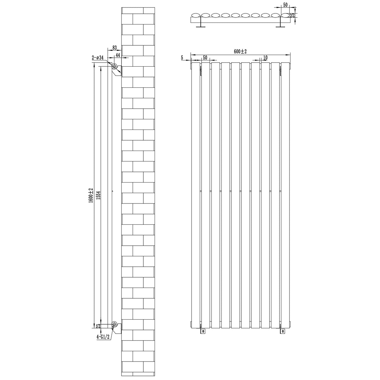 Schwarzer Gliederheizkörper mit TRV Chromventilen, 1600mm x 600mm, zeigt vertikale Röhren und präzise Maße für effiziente Wärmeverteilung