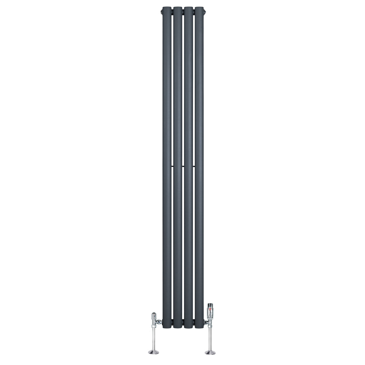 Eleganter Gliederheizkörper in Anthrazitgrau mit TRV Chromventilen, 1800mm hoch und 240mm breit, bietet modernes Design und effiziente Wärmeabgabe
