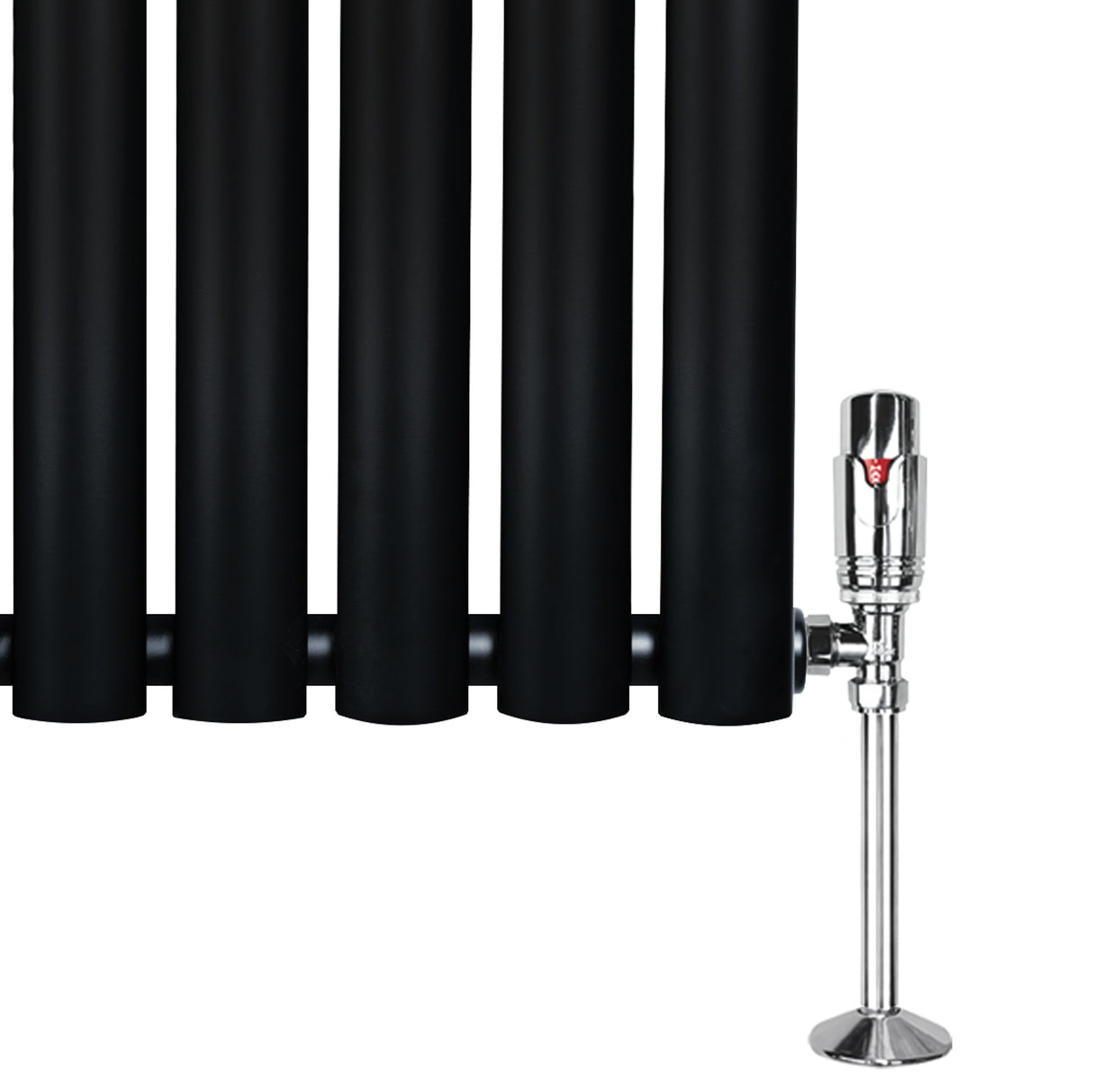 Schwarzer Gliederheizkörper mit TRV Chromventilen, 1800mm x 240mm, glänzende Oberfläche und moderne, runde Röhrenform für stilvolle Heizlösungen