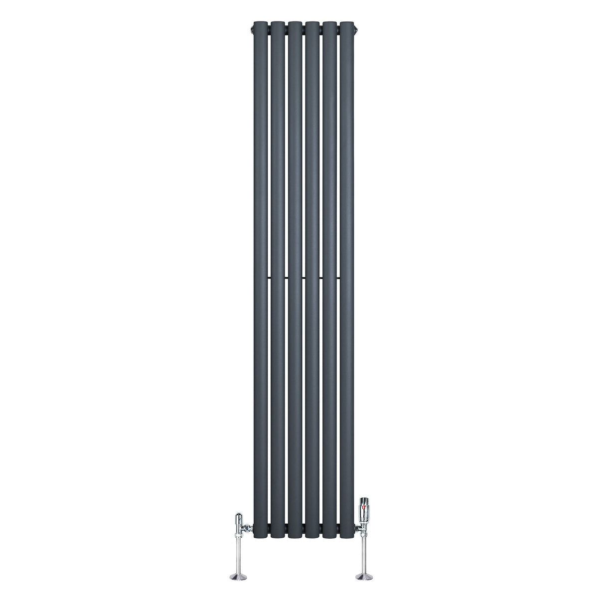Eleganter, anthrazitgrauer Gliederheizkörper mit TRV Chromventilen, schlankes Design, vertikale Lamellen, ideal für moderne Wohnräume