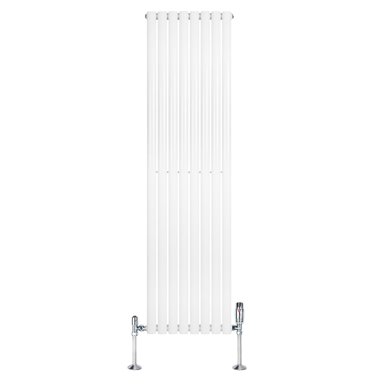 Hochformatiger, weißer Gliederheizkörper mit TRV Chromventilen, 1800mm x 480mm, glatte Oberfläche und moderne, schlanke Linienführung
