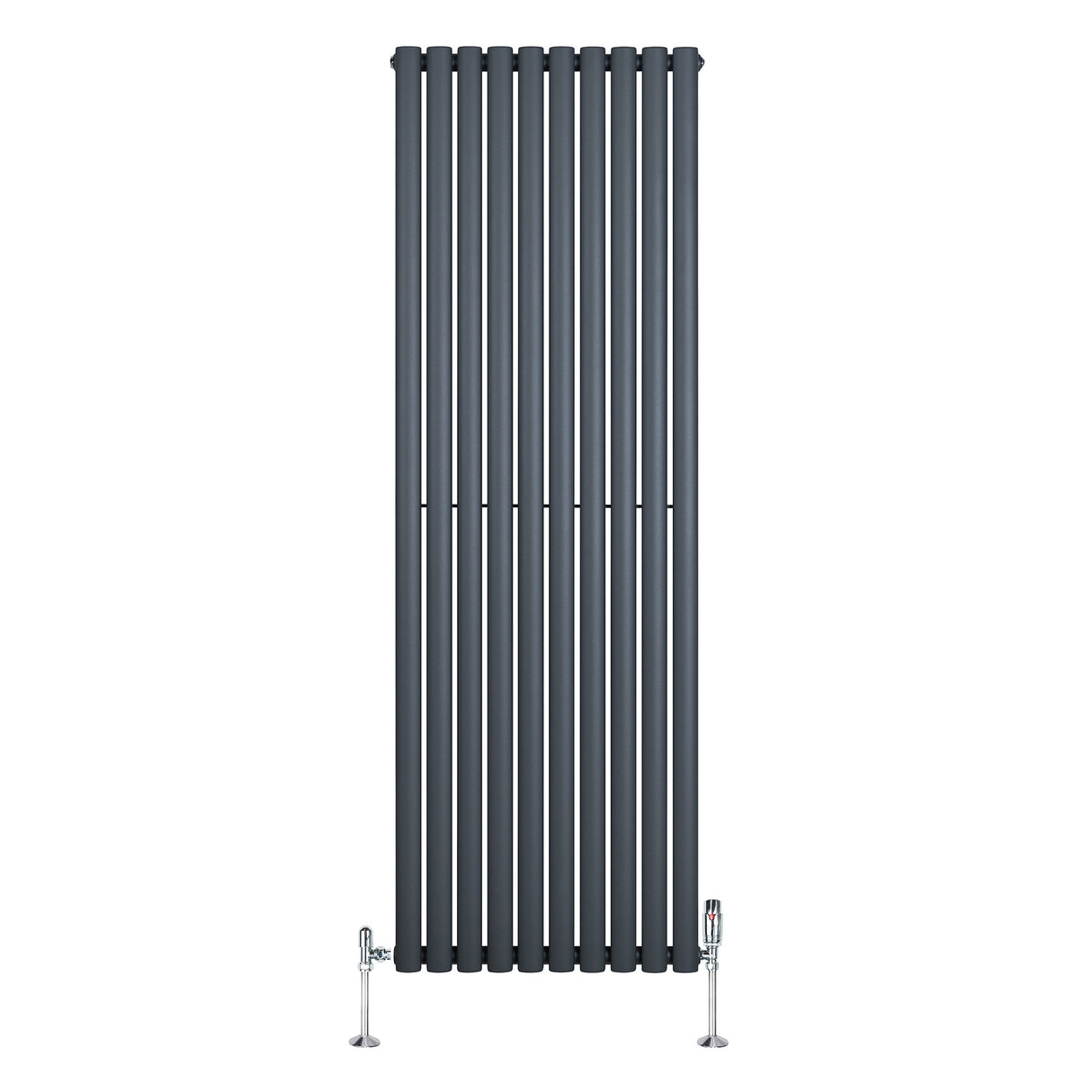 Gliederheizkörper in Anthrazitgrau mit TRV Chromventilen, schlankes Design, 1800mm x 600mm, vertikale Lamellenstruktur, moderne Heizlösung für jeden Raum