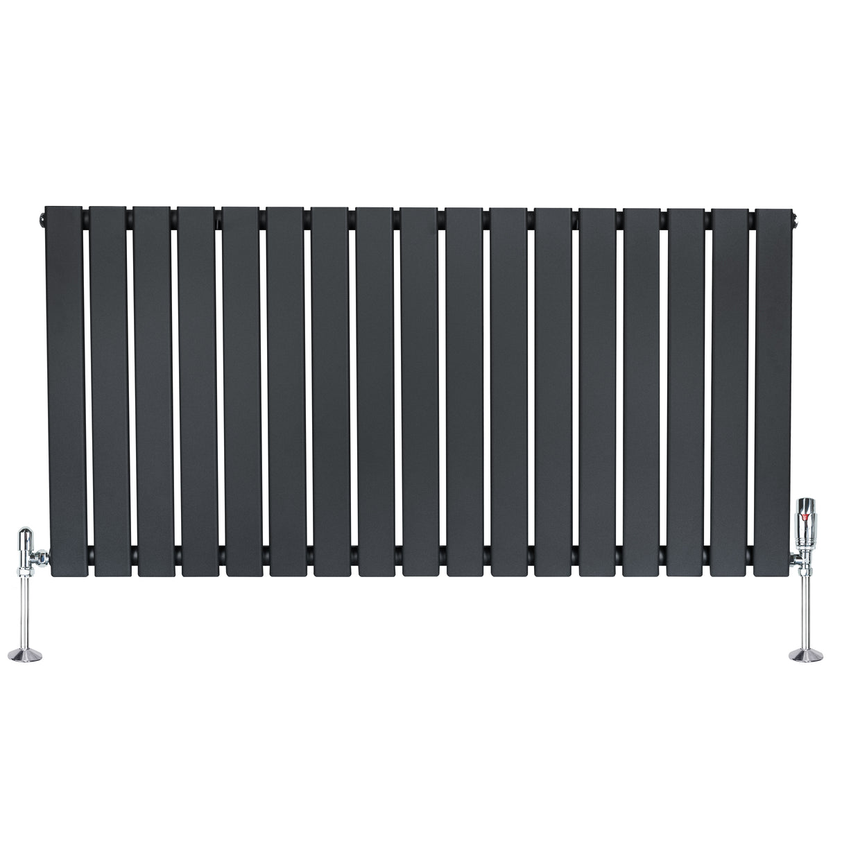 Flachheizkörper in Anthrazitgrau, 600mm x 1190mm, mit vertikalen Lamellen und glänzenden Ventilen, modernes Design für effiziente Wärmeverteilung