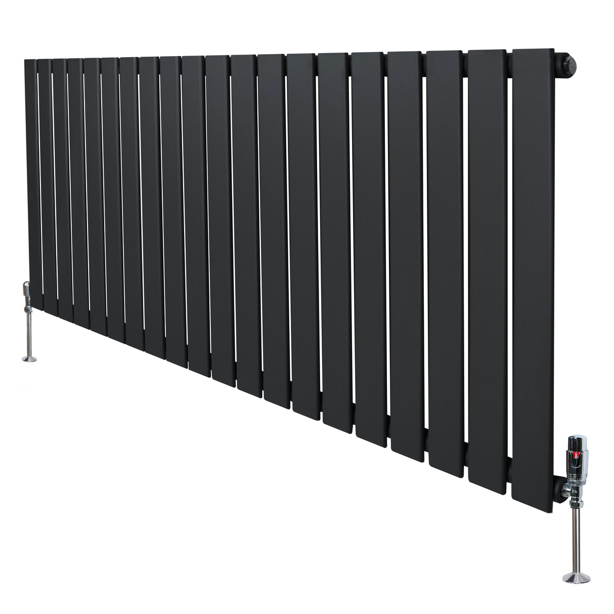 Flachheizkörper in Anthrazitgrau, 600mm x 1400mm, mit schlanken, vertikalen Lamellen und modernen Ventilen, ideal für stilvolle Heizlösungen