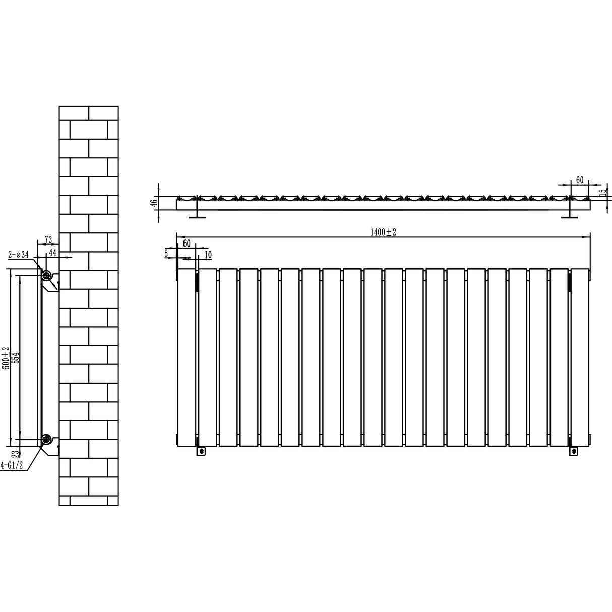Flachheizkörper in Anthrazitgrau, 600mm x 1400mm, mit vertikalen Lamellen und klaren Maßen, ideal für moderne Innenräume