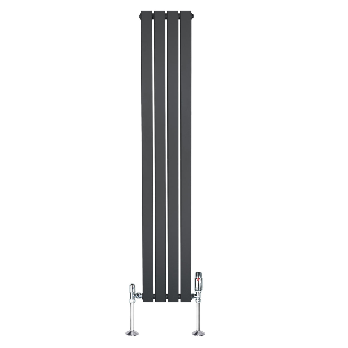 Flachheizkörper in Anthrazitgrau, 1600mm x 280mm, mit schlanken, vertikalen Lamellen und modernen Ventilen, ideal für stilvolle Heizlösungen