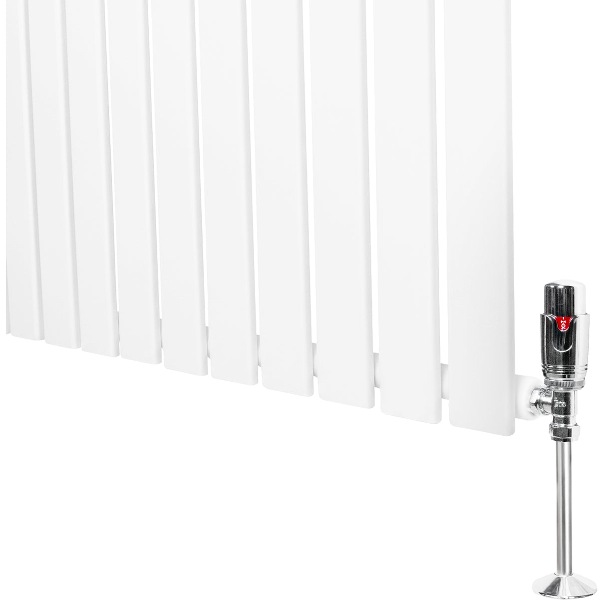 Flachheizkörper in Weiß mit vertikalen Lamellen, 1600mm x 280mm, ausgestattet mit einem glänzenden Ventil für effiziente Wärmeverteilung