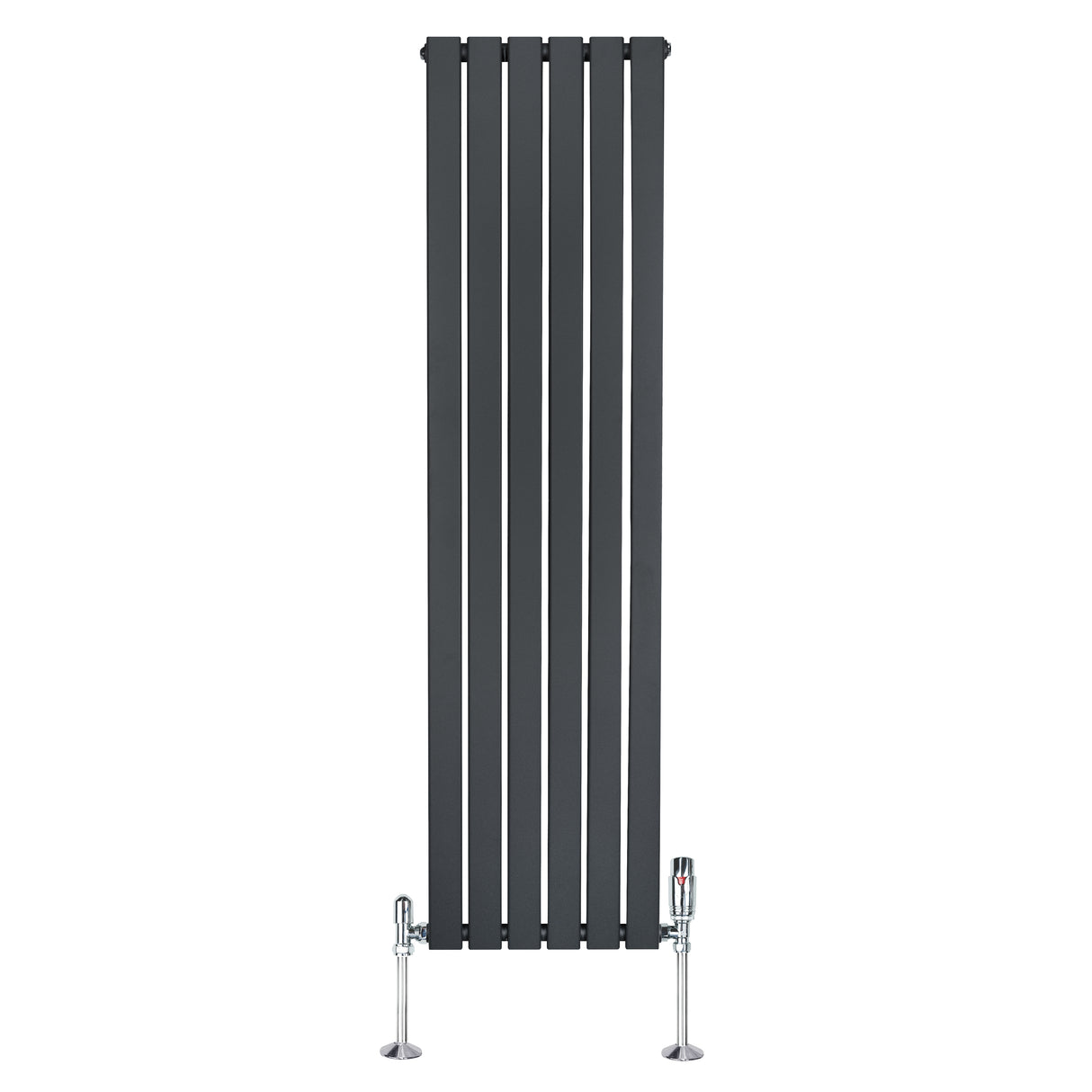 Flachheizkörper in Anthrazitgrau, 1600mm x 420mm, mit vertikalen Lamellen und glänzenden Ventilen, ideal für moderne Innenräume
