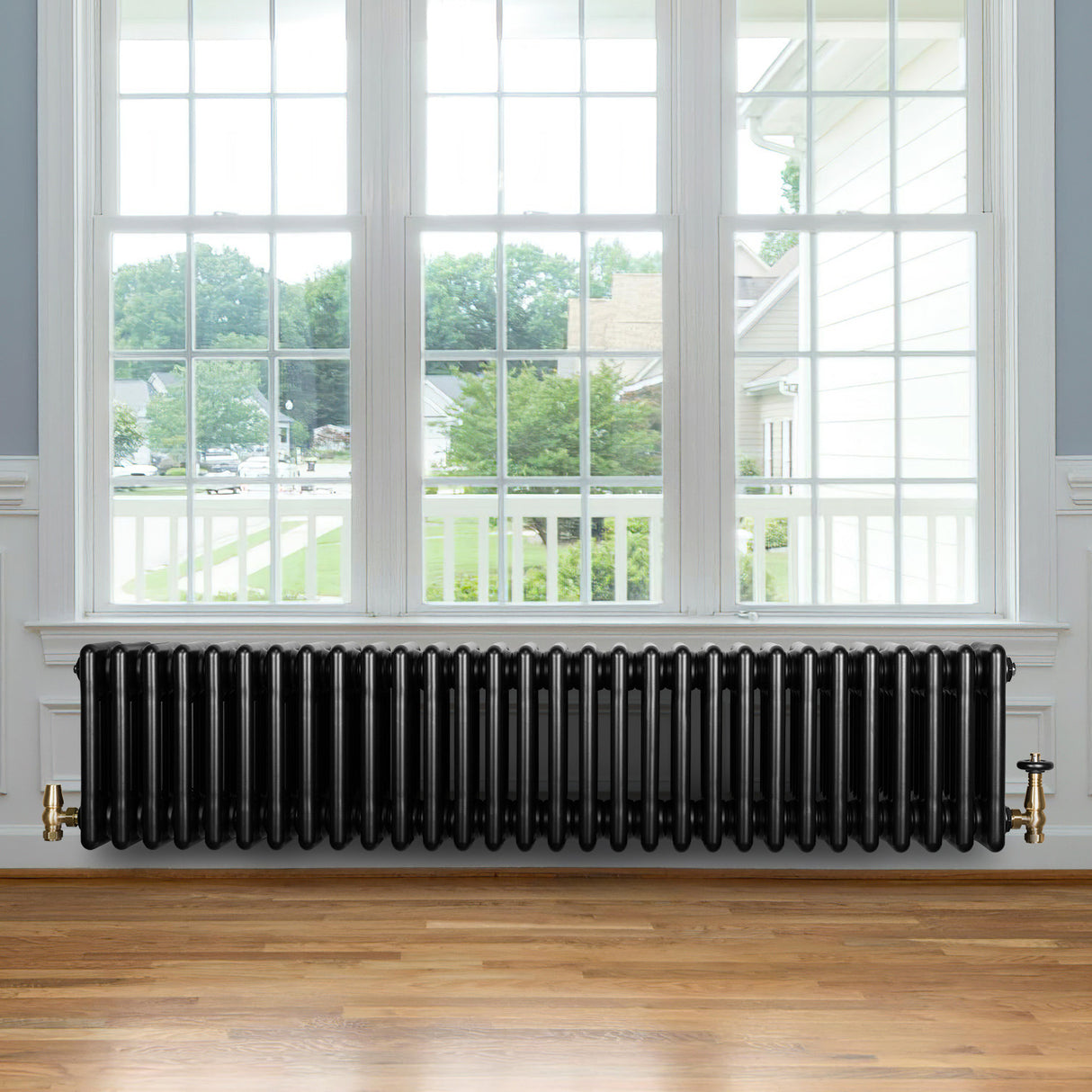 Röhrenheizkörper 4 Säulen mit TRV Chromventile – 300mm x 1370mm – Schwarz