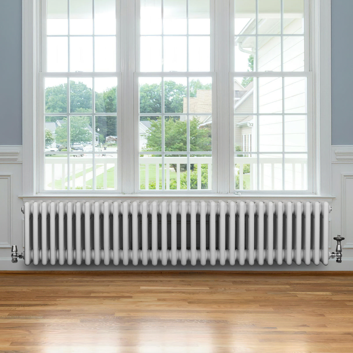 Röhrenheizkörper 4 Säulen mit TRV Chromventile – 300mm x 1505mm – Weiß