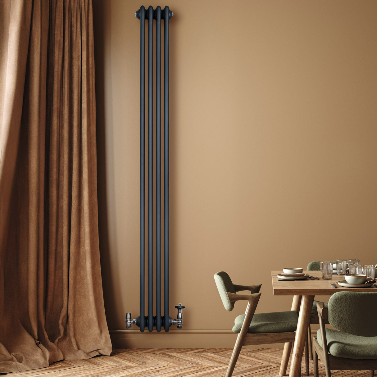 Röhrenheizkörper 4 Säulen mit TRV Chromventile – 1800mm x 200mm – Anthrazitgrau