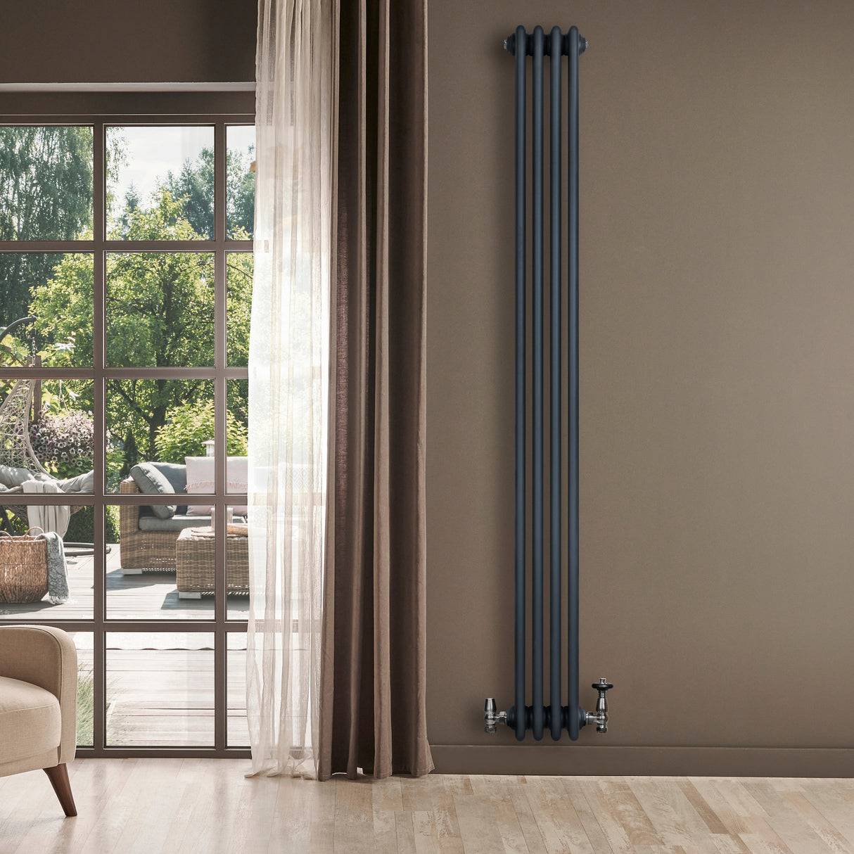 Röhrenheizkörper 4 Säulen mit TRV Chromventile – 1800mm x 200mm – Anthrazitgrau