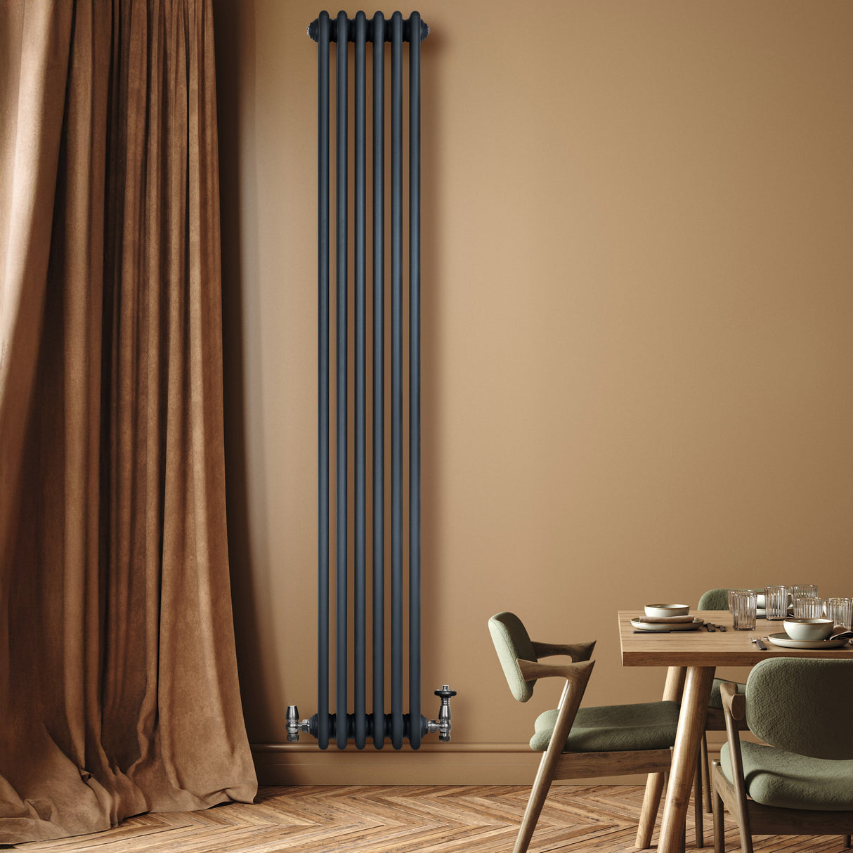 Röhrenheizkörper 4 Säulen mit TRV Chromventile – 1800mm x 290mm – Anthrazitgrau