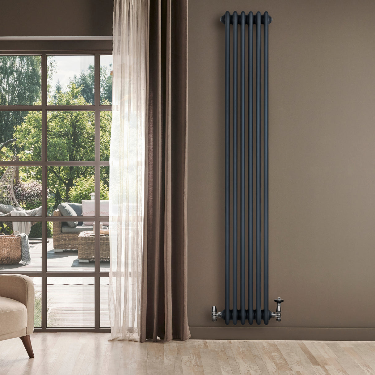 Röhrenheizkörper 4 Säulen mit TRV Chromventile – 1800mm x 290mm – Anthrazitgrau