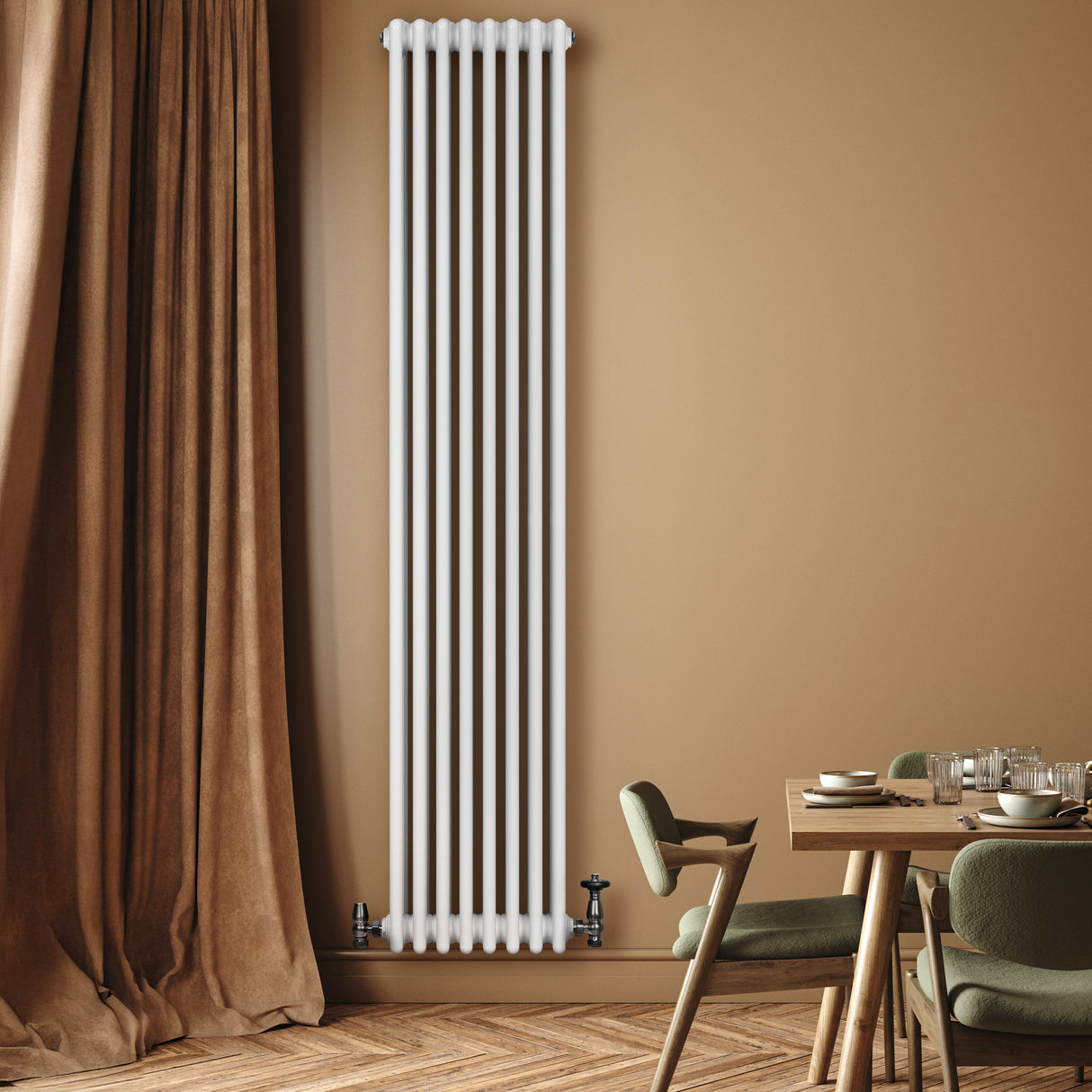 Röhrenheizkörper 4 Säulen mit TRV Chromventile – 1800mm x 380mm – Weiß