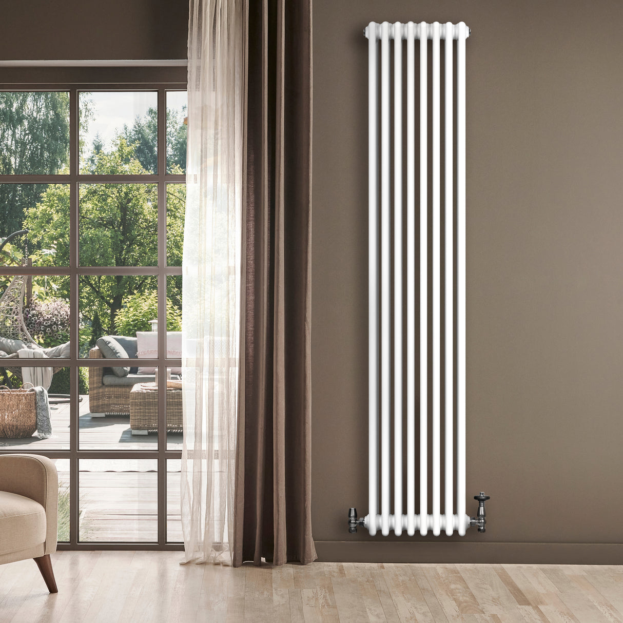 Röhrenheizkörper 4 Säulen mit TRV Chromventile – 1800mm x 380mm – Weiß