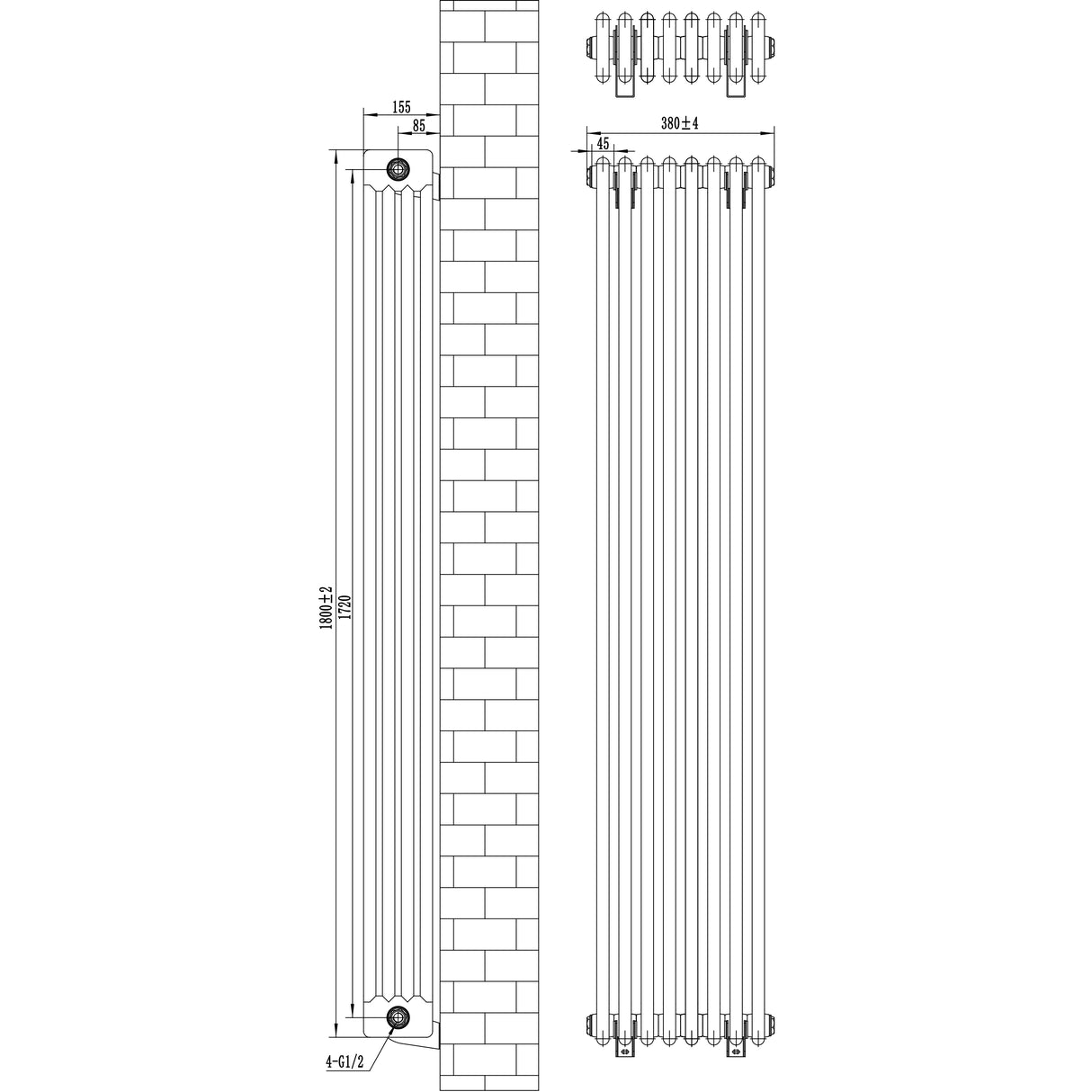 Röhrenheizkörper 4 Säulen mit TRV Chromventile – 1800mm x 380mm – Weiß