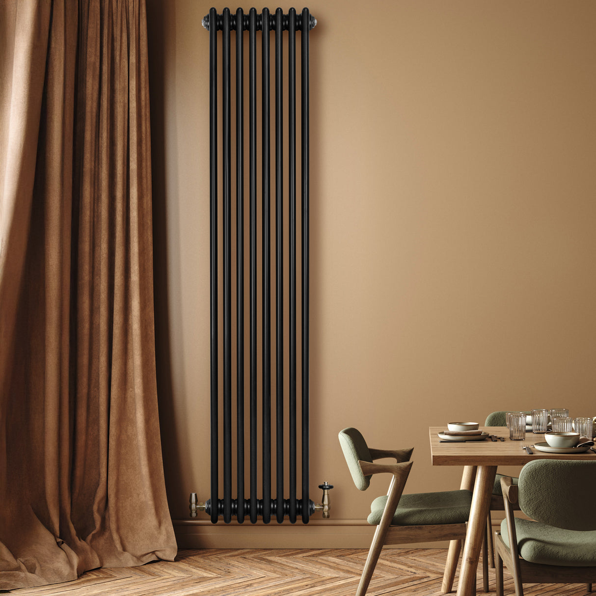 Röhrenheizkörper 4 Säulen mit TRV Chromventile – 1800mm x 380mm – Schwarz