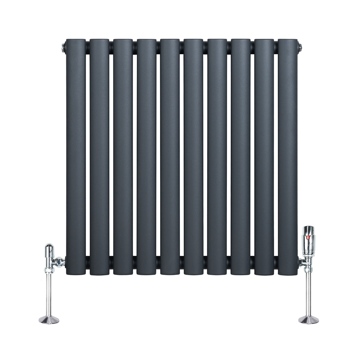 Anthrazitgrauer Gliederheizkörper mit TRV Chromventilen, 600mm x 600mm, vertikale Röhrenstruktur und glänzende Ventile für modernes Design