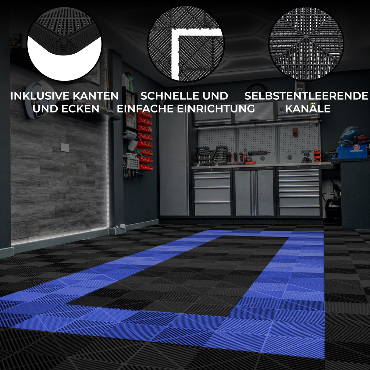Belüftete Garagenbodenfliesen mit Kanten – 165 Schwarz und 60 Blau