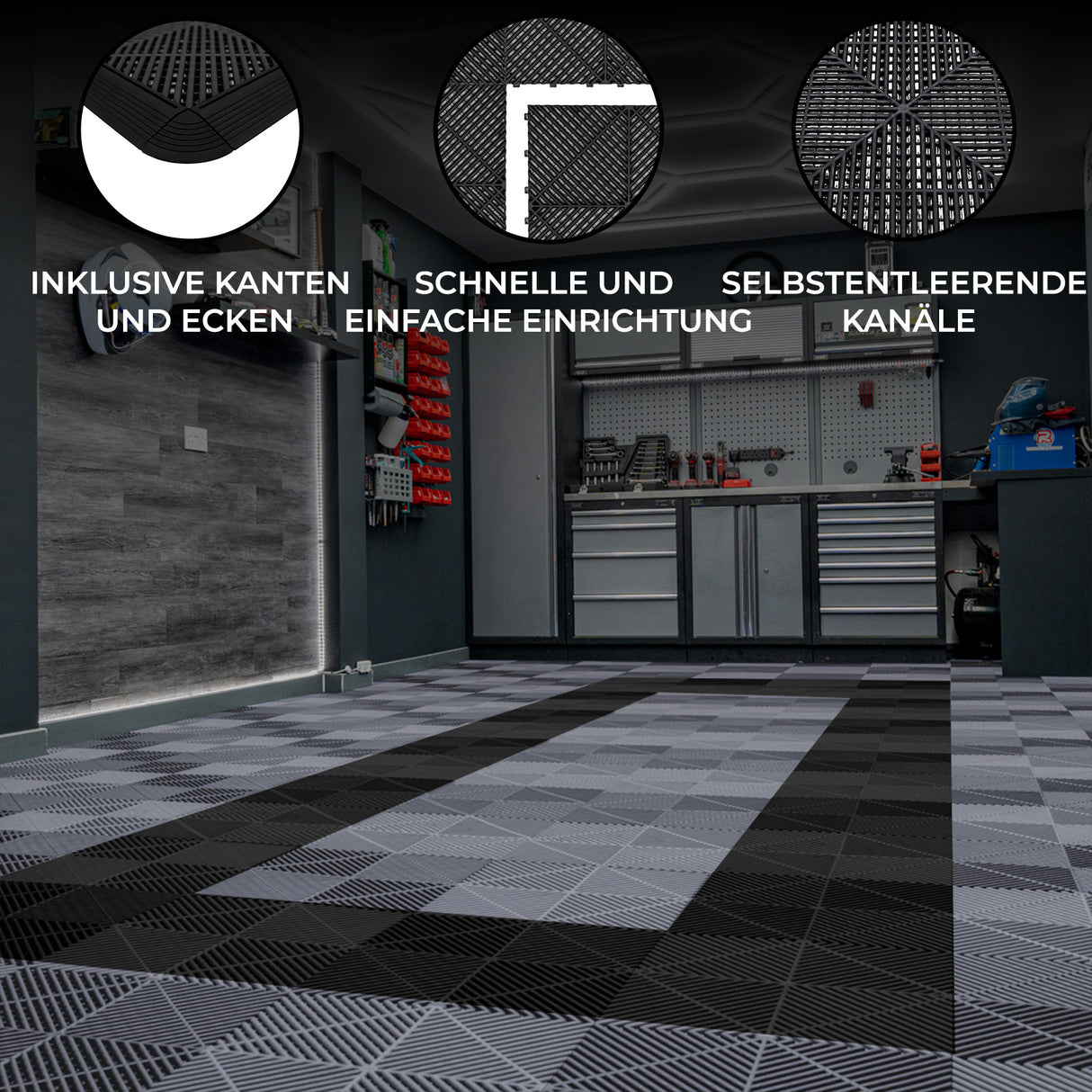 Belüftete Garagenbodenfliesen mit Kanten – 165 Grau und 60 Schwarz