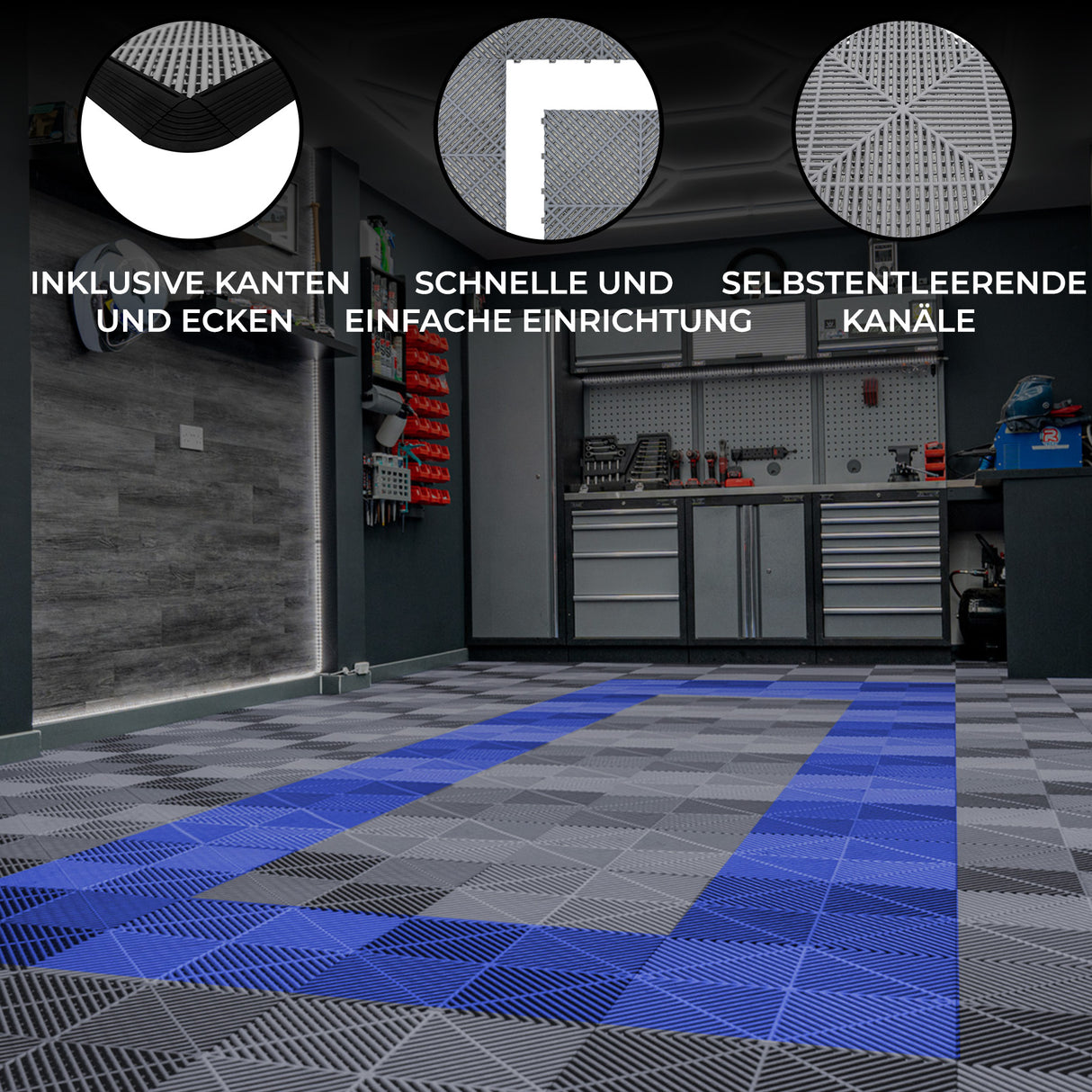 Belüftete Garagenbodenfliesen mit Kanten – 165 Grau und 60 Blau