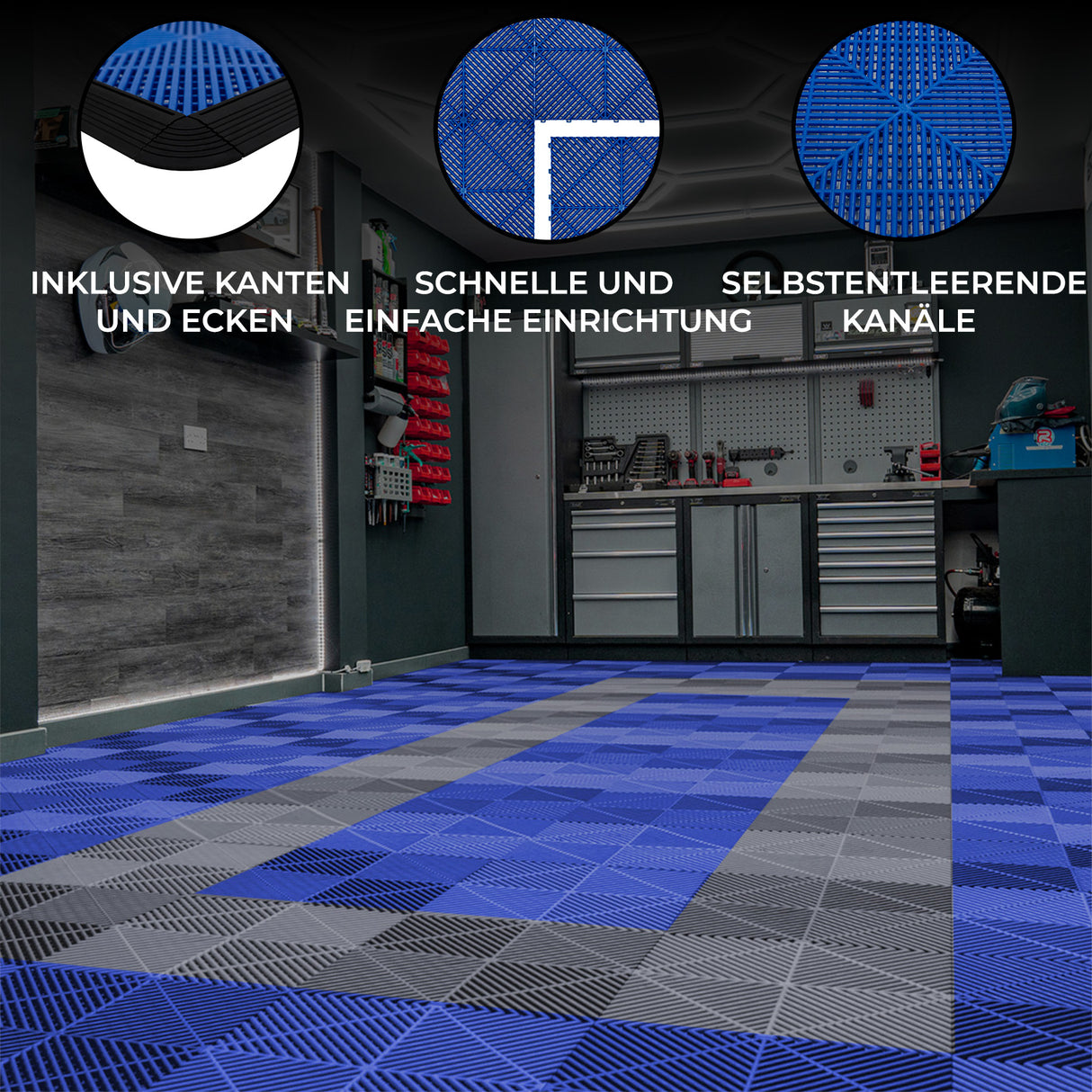 Belüftete Garagenbodenfliesen mit Kanten – 90 Blau und 30 Grau