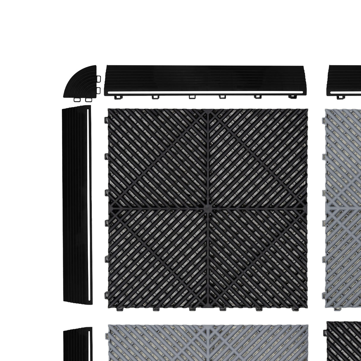 Belüftete Garagenbodenfliesen mit Kanten – 120 Schwarz und 120 Grau