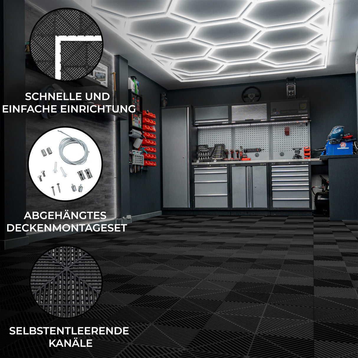 Belüftete Garagenbodenfliesen und sechseckige LED-Leuchten x 120 mit Kanten – Schwarz