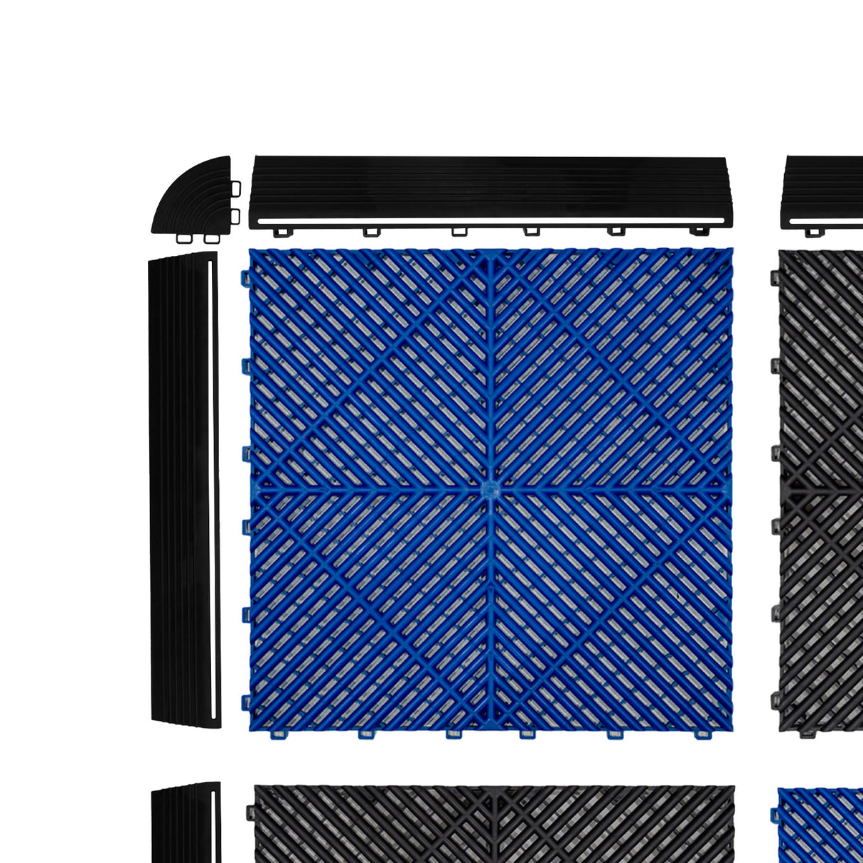 Sechseckige Garagenbodenfliesen in Schwarz und Blau, belüftet mit einem strukturierten Muster, inklusive Kantenschutz für einfache Verlegung