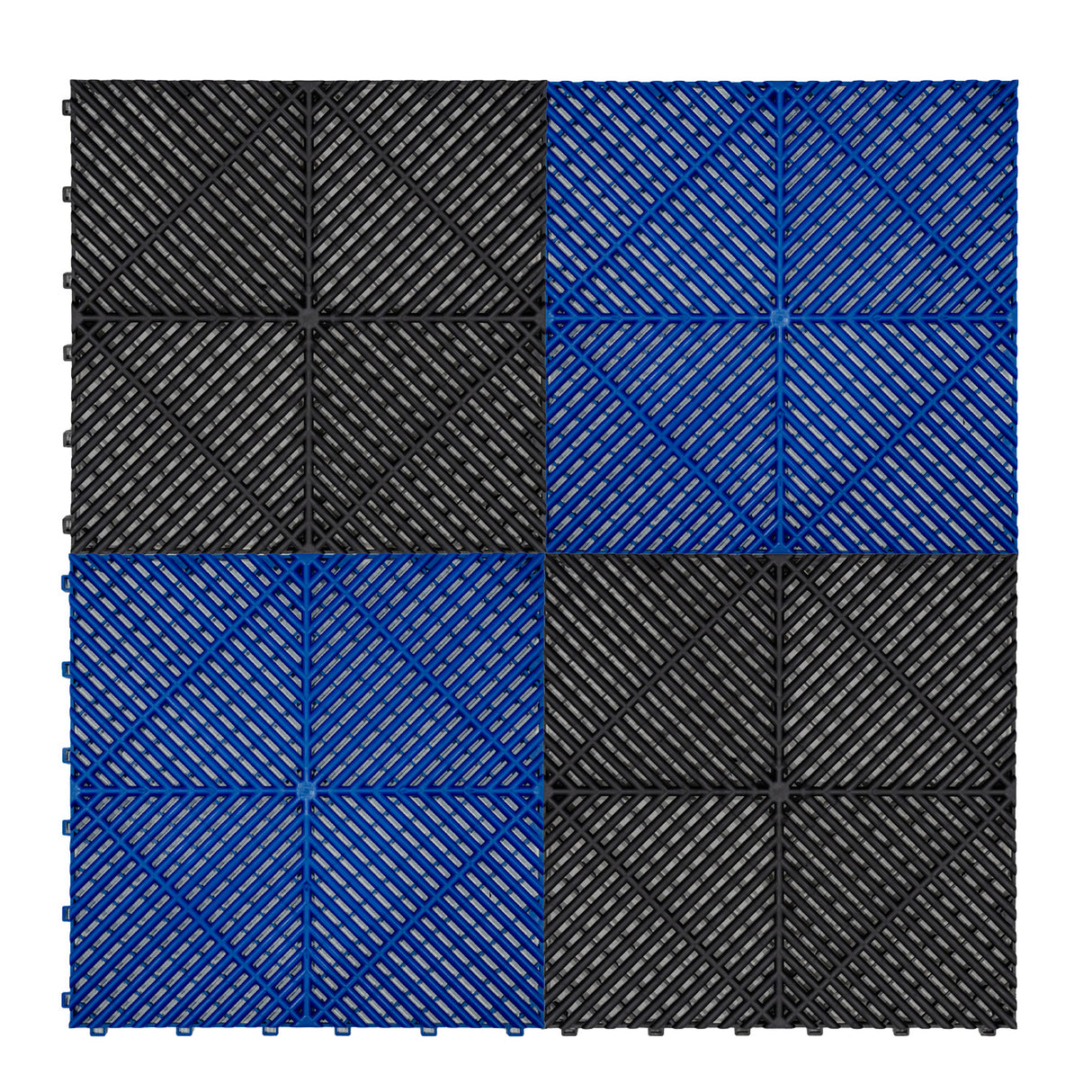 Sechseckige Garagenbodenfliesen in Schwarz und Blau, mit strukturierten Oberflächen und Kantenschutz, ideal für belüftete und beleuchtete Bereiche