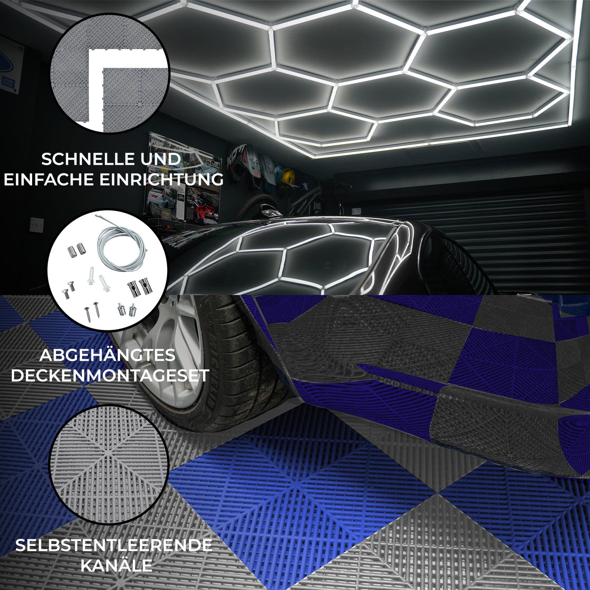 Sechseckige, graue und blaue LED-beleuchtete Garagenbodenfliesen mit Kantenschutz, strukturiert und belüftet, ideal für eine moderne Garage