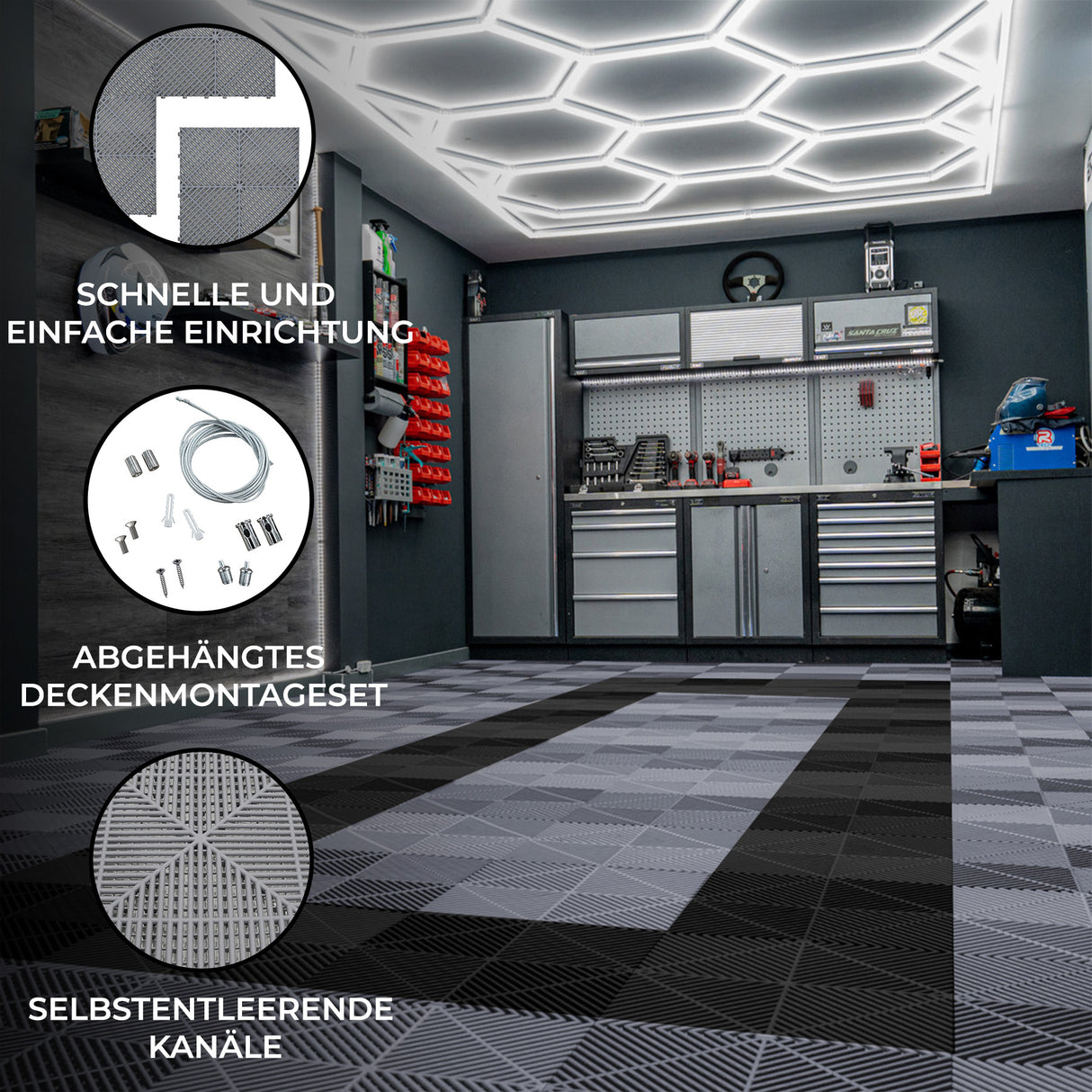 Belüftete Garagenbodenfliesen und sechseckige LED-Leuchten 90 Graue x 30 Schwarze - mit Kanten