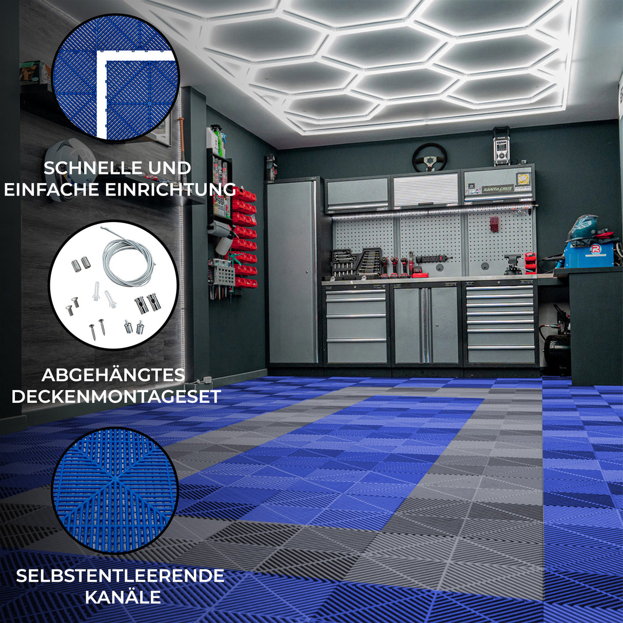 Belüftete Garagenbodenfliesen und sechseckige LED-Leuchten 90 Blaue x 30 Graue - mit Kanten