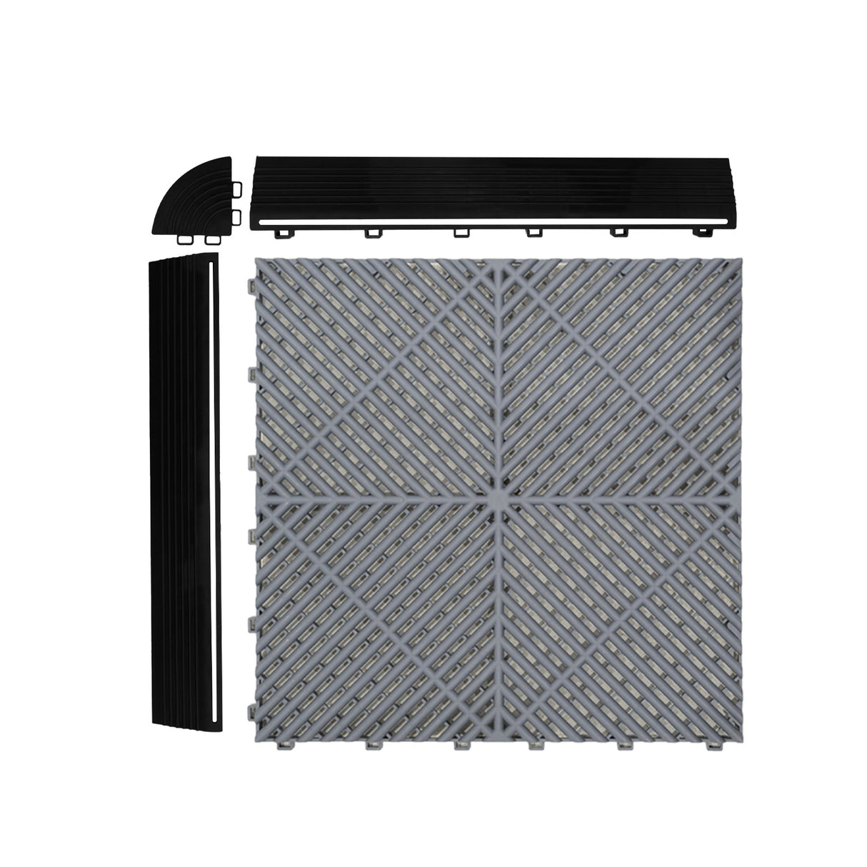 Belüftete Garagenbodenfliesen und sechseckige LED-Leuchten x 225 mit Kanten – Grau