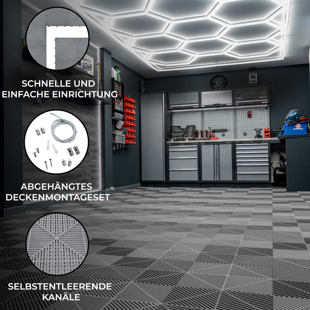 Belüftete Garagenbodenfliesen und sechseckige LED-Leuchten x 225 mit Kanten – Grau