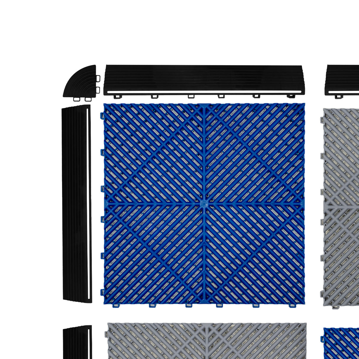 Belüftete Garagenbodenfliesen und sechseckige LED-Leuchten x 120 Grau 120 Blau mit Kanten