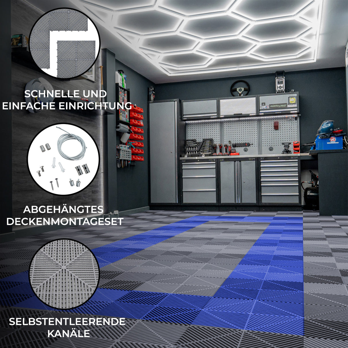 Belüftete Garagenbodenfliesen und sechseckige LED-Leuchten x 165 Grau 60 Blau mit Kanten