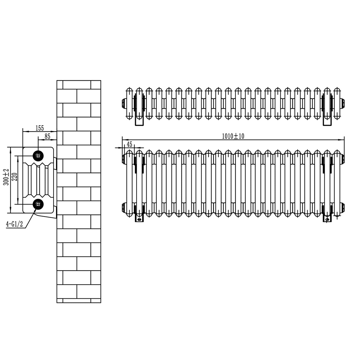 Schwarzer Röhrenheizkörper mit vier Säulen, Maße 300mm x 1010mm, zeigt detaillierte Zeichnung und Struktur, ideal für moderne Heizlösungen