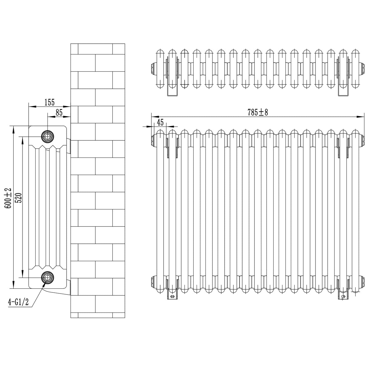 Röhrenheizkörper mit 4 Säulen in Weiß, Maße 600mm x 425mm, zeigt detaillierte Zeichnung mit Abmessungen und Montagepunkten, ideal für moderne Räume