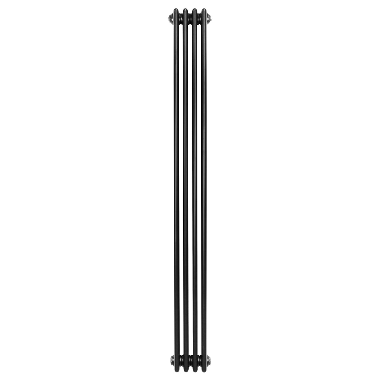 Schwarzer Röhrenheizkörper mit vier Säulen, 1800mm hoch und 200mm breit, aus robustem Metall mit glatter, glänzender Oberfläche
